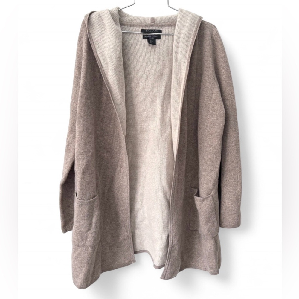 NWT Tahari Luxe Cashmere Classic Hooded Open Front Cardigan Tan / Cream Size L